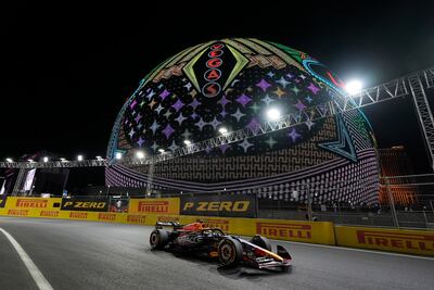 FILE - Red Bull driver Max Verstappen, of the Netherlands, drives past the Sphere during the Formula One Las Vegas Grand Prix auto race, on Nov. 18, 2023, in Las Vegas. (AP Photo / Nick Didlick, File)