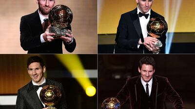 (COMBO) This combination of file photographs created on October 30, 2023, shows Barcelona's Argentinian forward Lionel Messi reacting as he receives the Ballon d'Or football award (from bottom, R to L) for the year 2009 in Boulogne-Billancourt, outside Paris, on December 6, 2009; for the year 2010 in Zurich, on January 10, 2011; for the year 2011 in Zurich on January 9, 2012; for the year 2012 in Zurich on January 7, 2013; for the year 2015 in Zurich on January 11, 2016; for the year 2019 in Paris on December 2, 2019; for the year 2021 in Paris on November 29, 2021; for the year 2023 in Paris on October 30, 2023. Lionel Messi won the men's Ballon d'Or award for a record-extending eight time at a ceremony in Paris on October 30, 2023. (Photo by AFP)