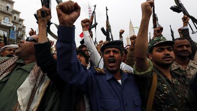 Houthi supporters shout anti-Saudi slogans during a rally in Sanaa. EPA