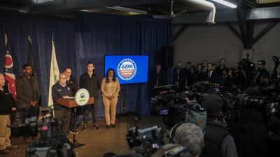 Mike DeWine, governor of Ohio, speaks during a news conference in East Palestine, Ohio, US, on Tuesday, Feb. 21, 2023. Biden administration and state officials on Tuesday cranked up the heat on Norfolk Southern Corp. for its handling of the fiery freight train derailment in Ohio, as federal authorities took control of cleanup operations and two state governors raised the specter of prosecutions in conjunction with the disaster. Photographer: Matthew Hatcher / Bloomberg