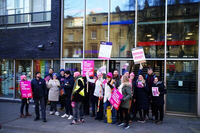 University and College Union (UCU) members on the picket line outside the University of Bristol. Up to 70,000 members of the UCU are taking strike action in a long-running dispute over pay, working conditions and pensions. Picture date: Wednesday February 1, 2023.