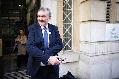 Kevin Courtney, joint general secretary of the National Education Union (NEU) leaves the Department For Education in London, after representatives of the teaching unions met with Education Secretary Gillian Keegan, ahead of further planned strikes in February and March. Picture date: Wednesday February 15, 2023.