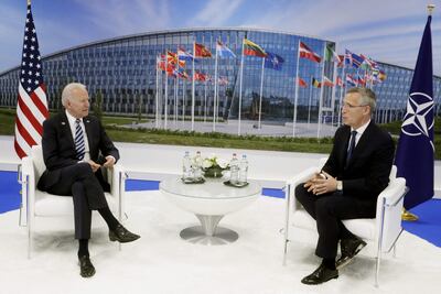 US President Joe Biden and NATO Secretary General Jens Stoltenberg at Monday's Nato summit. AFP