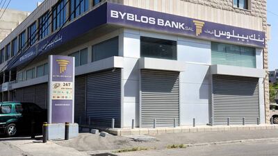 A closed Byblos Bank branch, where a man was reportedly detained after allegedly holding up the bank to access his own savings, in Ghazieh, Lebanon. Reuters