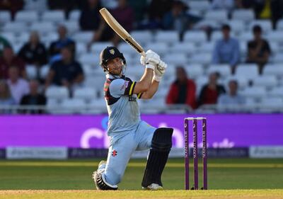 NOTTINGHAM, ENGLAND - AUGUST 19: Sean Dickson of Durham hits a 6 during the Royal London Cup Final between Glamorgan and Durham at Trent Bridge on August 19, 2021 in Nottingham, England. (Photo by Shaun Botterill / Getty Images)