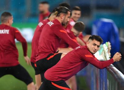 ROME, ITALY - JUNE 10: Cengiz Under of Turkey stretches during the Turkey Training Session ahead of the UEFA Euro 2020 Championship Group A match between Turkey and Italy at Olimpico Stadium on June 10, 2021 in Rome, Italy. (Photo by Mike Hewitt / Getty Images)