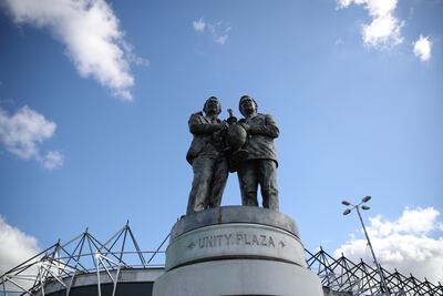 Soccer Football - Derby County General Views - Pride Park, Derby, Britain - September 20, 2021. A statue of Brian Clough and Peter Taylor is pictured at Pride Park Action Images via Reuters / Carl Recine