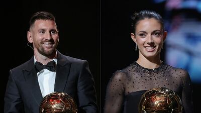 TOPSHOT - (COMBO) This combination of pictures created on October 30, 2023 shows Inter Miami CF's Argentine forward Lionel Messi (L) holding his 8th Ballon d'Or award and FC Barcelona's Spanish midfielder Aitana Bonmati (R) holding her Woman Ballon d'Or award during the 2023 Ballon d'Or France Football award ceremony at the Theatre du Chatelet in Paris on October 30, 2023. (Photo by FRANCK FIFE / AFP)