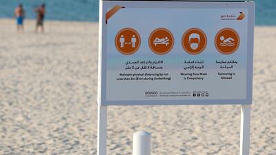 Dubai, United Arab Emirates - Reporter: N/A. News. Covid-19/Coronavirus. A sign at a public beach in Dubai should the rules with Covid-19. Monday, November 2nd, 2020. Dubai. Chris Whiteoak / The National