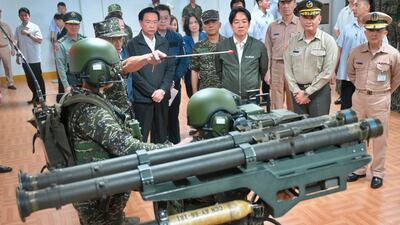 TOPSHOT - Taiwan President Lai Ching-te (C) watches a demonstration on the US-made Stinger air-defence system during a visit to inspect military troops in Taoyuan on May 23, 2024. Taiwan's President Lai Ching-te said he will "stand on the front line" to defend Taiwan, speaking on May 23 as China held war games around the self-ruled island days after he was sworn into office. (Photo by Sam Yeh / AFP)