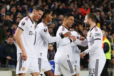 Manchester United's Marcus Rashford (second left) celebrates scoring their side's first goal of the game during the UEFA Europa League play-off first leg match at Spotify Camp Nou, Barcelona. Getty