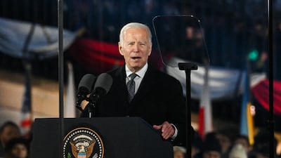 WARSAW, POLAND - FEBRUARY 21: The US President, Joe Biden delivers a speech at the Royal Castle Arcades on February 21, 2023 in Warsaw, Poland. The US President is in Warsaw for his second visit to the country in less than a year. It comes after his surprise trip to Kyiv on February 20 to reinforce US support for Ukraine almost a year after Russia's large-scale invasion. (Photo by Omar Marques / Getty Images)