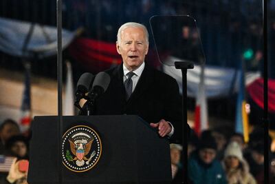The US President Joe Biden delivers a speech at the Royal Castle Arcades on February 21, 2023 in Warsaw, Poland. Getty Images