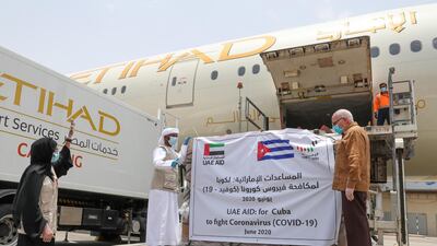 A shipment of UAE aid to tackle Covid-19 in Cuba is loaded on to an Etihad cargo aircraft. Wam