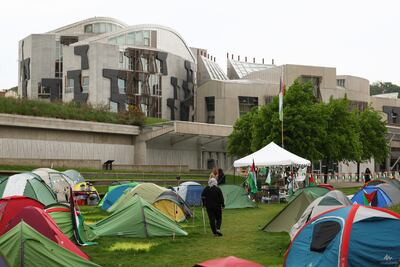 A solidarity camp in support of the people of Gaza is set up outside the Scottish Parliament on May 14, 2024 in Edinburgh, Scotland. Getty Images