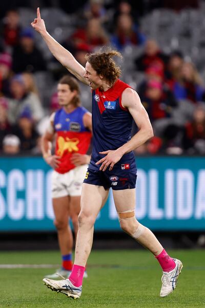 MELBOURNE, AUSTRALIA - JUNE 23: Ben Brown of the Demons celebrates a goal during the round 15 AFL match between the Melbourne Demons and the Brisbane Lions at Melbourne Cricket Ground on June 23, 2022 in Melbourne, Australia. (Photo by Darrian Traynor / Getty Images)