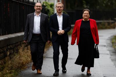 RUTHERGLEN, SCOTLAND - OCTOBER 05: Paul O'Kane MSP, Dame Jackie Ballie MSP, and Scottish Labour candidate for Rutherglen and Hamilton West Michael Shanks (C) attend a polling station on October 05, 2023 in Rutherglen, Scotland. The by-election in the Rutherglen and Hamilton West constituency was triggered after a successful petition to oust MP Margaret Ferrier in June 2023, following her breach of COVID-19 regulations in September 2020. (Photo by Jeff J Mitchell / Getty Images)