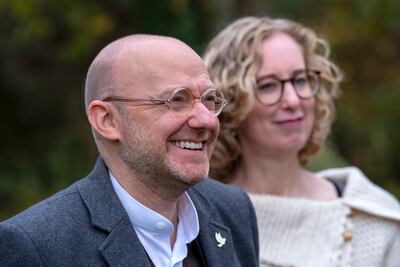 Scottish Greens Co-Leaders Patrick Harvie (left) and Lorna Slater (right) during a visit to the Belville Community Garden project in Greenock, ahead of the party's autumn conference. Picture date: Friday October 25, 2024. PA Photo. See PA story SCOTLAND Greens. Photo credit should read: Jane Barlow/PA Wire
