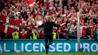 Danish coach Kasper Hjulmand reacts towards the Danish fans. EPA