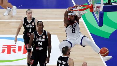 Cameron Johnson (R) of the USA in action during the FIBA Basketball World Cup 2023 group stage match between USA and Jordan in Manila, Philippines, 30 August 2023. EPA/FRANCIS R. MALASIG