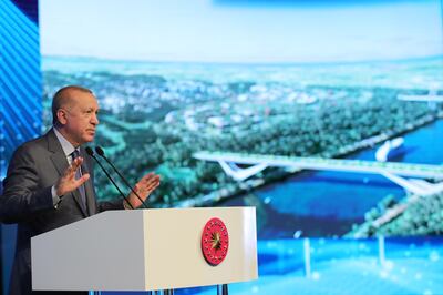 Turkish President Recep Tayyip Erdogan speaking during the Istanbul Canal Bridge groundbreaking ceremony. AFP