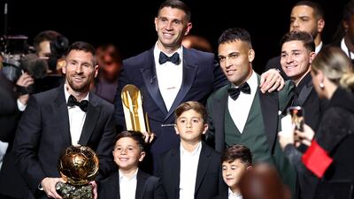 Ballon d'Or 2023 winner Argentine international Lionel Messi (L) is joined on stage by his three sons and his Argentine teammates goalkeeper Emiliano Martinez, winner of the Yashin Trophy for best goalkeeper, Lautaro Martinez (2R) and Julian Alvarez (R) during the Ballon d'Or 2023 ceremony at the Theatre du Chatelet in Paris, France, 30 October 2023. EPA / MOHAMMED BADRA