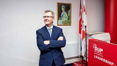 File photo: British MP Jeffrey Donaldson poses for a photo at the Democratic Unionist Party headquarters. AFP