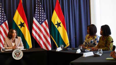 U. S. Vice President Kamala Harris, left, conducts a roundtable of women entrepreneurs to discuss economic empowerment, inclusion, and leadership in Accra, Ghana, Wednesday March 29, 2023. Harris is on a seven-day African visit that will also take her to Tanzania and Zambia. (AP Photo / Misper Apawu)