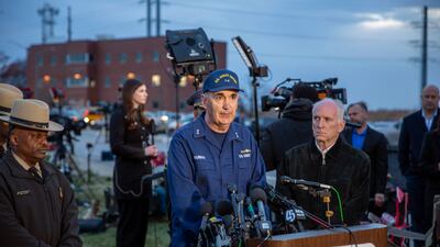 Rear Adm. Shannon Gilreath, commander of the Fifth Coast Guard District, speaks in Dundalk, Md. , on Tuesday, March 26, 2024, as officials announce that all six workers missing after a Baltimore bridge collapsed are presumed dead and the search for them has been suspended until Wednesday morning. Officials said that the search and rescue mission was transitioning to one of search and recovery. (AP Photo / Ted Shaffrey)
