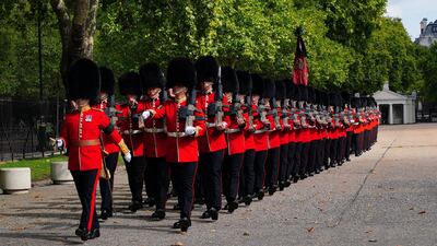 Members of the Coldstream Guards leave Wellington Barracks on September 14, 2022. REUTERS