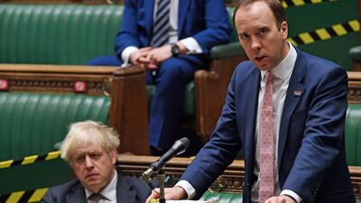 UK Prime Minister Boris Johnson, left, purportedly described Health Secretary Matt Hancock, right, as 'totally hopeless' in WhatsApp messages released by former chief adviser Dominic Cummings. AFP
