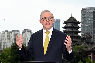 Australian Prime Minister Anthony Albanese gestures as he speaks to the media during a press conference in Chengdu, Sichuan province, China, 17 July 2025. Albanese is on a six-day official visit to China. EPA / LUKAS COCH AUSTRALIA AND NEW ZEALAND OUT