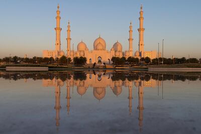 Sheikh Zayed Grand Mosque is seen during sun rise on the first day of the holy month of Ramadan.