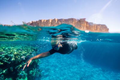 Saudi swimmer Mariam Binladen swims from Saudi Arabia’s Tiran Island.