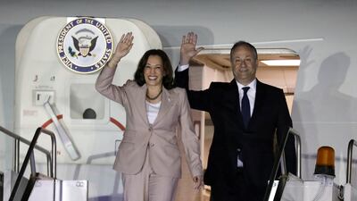 US Vice President Kamala Harris and her husband Douglas Emhoff arrive at Julius Nyerere International Airport in Dar es Salaam on March 29, 2023. AP