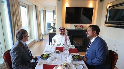 Saudi Arabian Foreign Minister Prince Faisal bin Farhan and Abdullah bin Khaled, the kingdom’s ambassador to Austria meet with the Director General of the International Atomic Energy Agency Rafael Grossi in Vienna. (SPA)