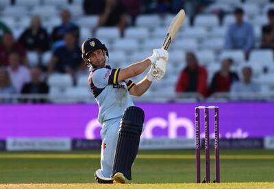 NOTTINGHAM, ENGLAND - AUGUST 19: Sean Dickson of Durham hits a 6 during the Royal London Cup Final between Glamorgan and Durham at Trent Bridge on August 19, 2021 in Nottingham, England. (Photo by Shaun Botterill / Getty Images)