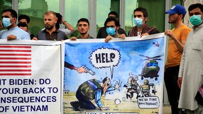 Former Afghan interpreters protest against the US government and Nato in Kabul. AP