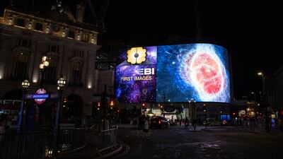 A general view of the broadcast of NASA's first images from James Webb Space Telescope to screens in Picadilly Circus on July 12, 2022 in London, England. Getty Images