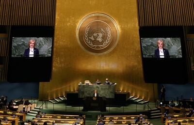 British Prime Minister Liz Truss delivers her address during the 77th General Debate inside the General Assembly Hall at United Nations Headquarters in New York, New York, USA, 21 September 2022. EPA / Peter Foley