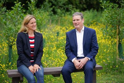 Labour Party leader Sir Keir Starmer and Batley and Spen by-election candidate Kim Leadbeater visit the Jo Cox Community Wood created in memory of her sister. Getty Images