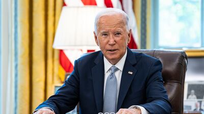 US President Joe Biden during a briefing regarding the ongoing wildfire season response in the Oval Office of the White House in Washington, DC, US, on Tuesday, Sept. 17, 2024. Political contests set the course for climate policy, yet its unlikely that heat waves and disasters are changing the minds of enough voters who experience them to alter the results of the upcoming US presidential election. Photographer: Samuel Corum / Sipa / Bloomberg