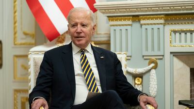 President Joe Biden speaks during a meeting with Ukrainian President Volodymyr Zelenskyy at Mariinsky Palace during a surprise visit, Monday, Feb. 20, 2023, in Kyiv. (AP Photo / Evan Vucci, Pool)