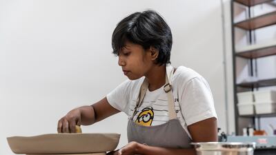 The growing trend of pottery in Dubai, with more studios opening up around the city, we look at what draws people into the craft. Feature on The Mud House located in Al Quoz industrial are in Dubai on June 8th, 2021. The mud House also offers services for F&B clients where they can craft one off series pieces for a unique client experience with special glazes and finishes for each client. Antonie Robertson / The National. Reporter: Alexandra Chaves for National