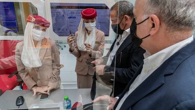 Emirates Airlines launches a new screening process for passengers. The opening day of Arab Health 2021 at the Dubai World Trade Center on June 21st, 2021. Antonie Robertson / The National. Reporter: Nic Webster for National
