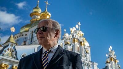 This handout photograph taken and released by the Ukrainian Presidential press service on February 20, 2023 shows US President Joe Biden in front of St. Michael’s Golden-Domed Cathedral as he arrives for a visit in Kyiv. - US President Joe Biden made a surprise trip to Kyiv on February 20, 2023, ahead of the first anniversary of Russia's invasion of Ukraine, AFP journalists saw. Biden met Ukrainian President Volodymyr Zelensky in the Ukrainian capital on his first visit to the country since the start of the conflict. (Photo by Handout / UKRAINIAN PRESIDENTIAL PRESS SERVICE / AFP) / RESTRICTED TO EDITORIAL USE - MANDATORY CREDIT "AFP PHOTO / HO / UKRAINIAN PRESIDENTIAL PRESS SERVICE" - NO MARKETING NO ADVERTISING CAMPAIGNS - DISTRIBUTED AS A SERVICE TO CLIENTS
