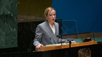 Giorgia Meloni, Italy's prime minister, speaks during the United Nations General Assembly (UNGA) in New York, US, on Wednesday, Sept. 20, 2023. Global leaders descend upon midtown Manhattan this week for speeches, meetings and receptions, an annual migration to the United Nations meant to tackle the world's biggest problems. Photographer: Jeenah Moon / Bloomberg
