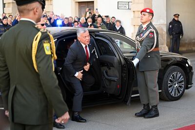 VIENNA, AUSTRIA - OCTOBER 25: King Abdullah of Jordan arrives for his meeting with Austrian President Alexander van der Bellen at Hofburg palace on October 25, 2021 in Vienna, Austria. The Jordanian king is visiting several European countries this week, culminating with his participation in the UN Climate Change Conference (COP26) in Glasgow, Scotland, that starts on Sunday. (Photo by Thomas Kronsteiner / Getty Images)