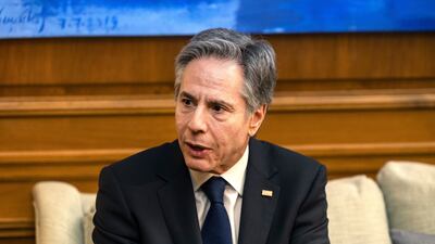 Antony Blinken, US secretary of state, during a meeting with Kyriakos Mitsotakis, Greece's prime minister, not pictured, at Maximos Mansion in Athens, Greece, on Monday, Feb. 20, 2023. Blinken is visiting Greece Feb. 20-22 where he will take part in the fourth US-Greece Strategic Dialogue. Photographer: Yorgos Karahalis / Bloomberg